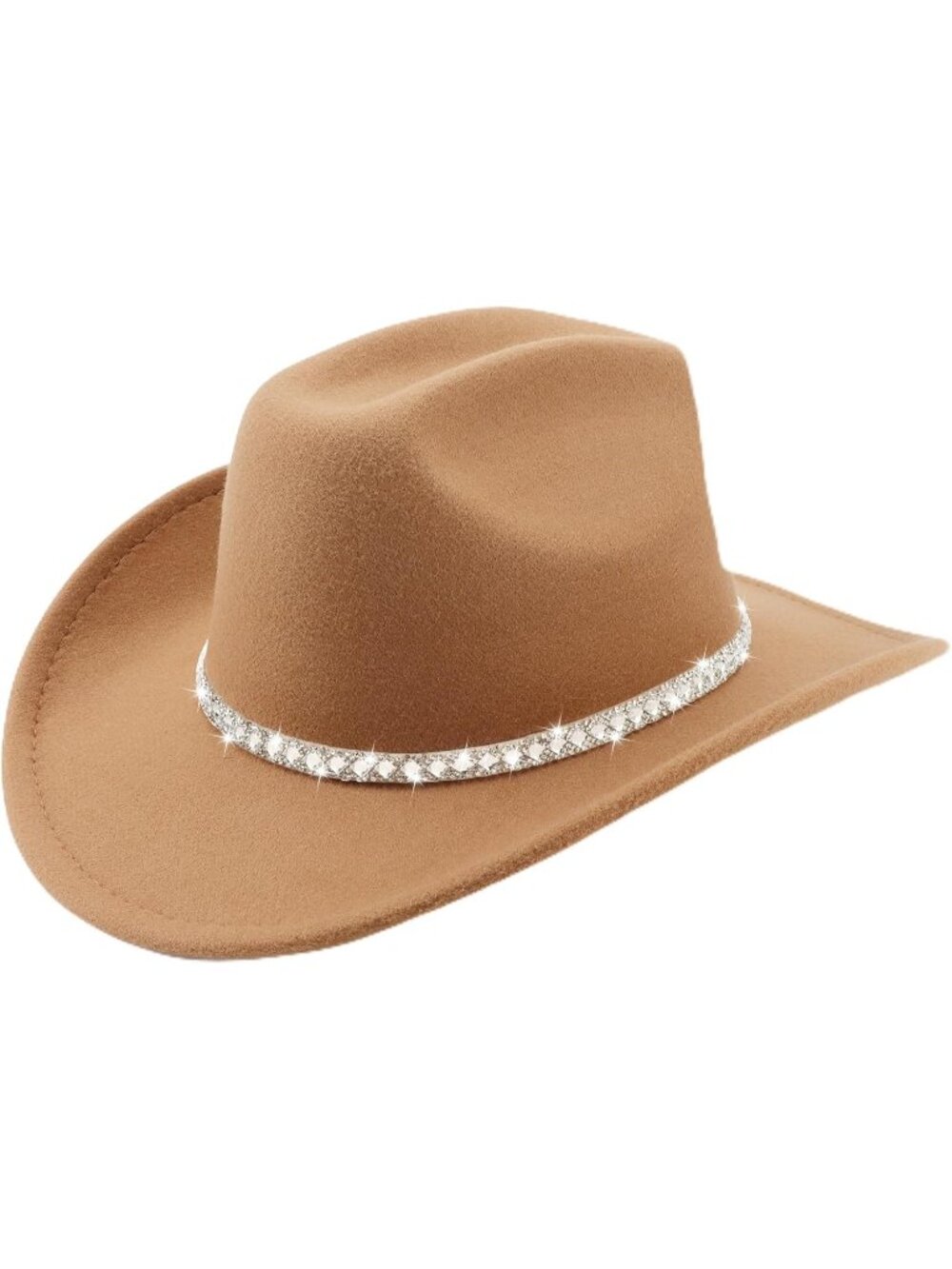 Unisex Camel Glitter Rhinestone Brim Felt Fedora Cowboy Cowgirl Western Hat